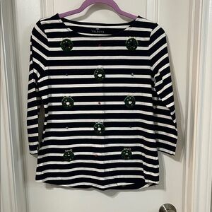 Talbots ladies festive Navy and White Striped 3/4 Sleeve Christmas Tee